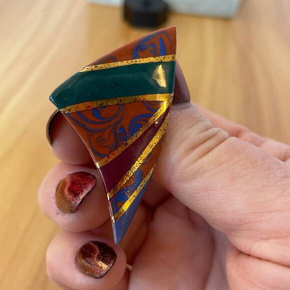 Vintage 80s earrings enamel gold green purple red triangle - Picture 3 of 6